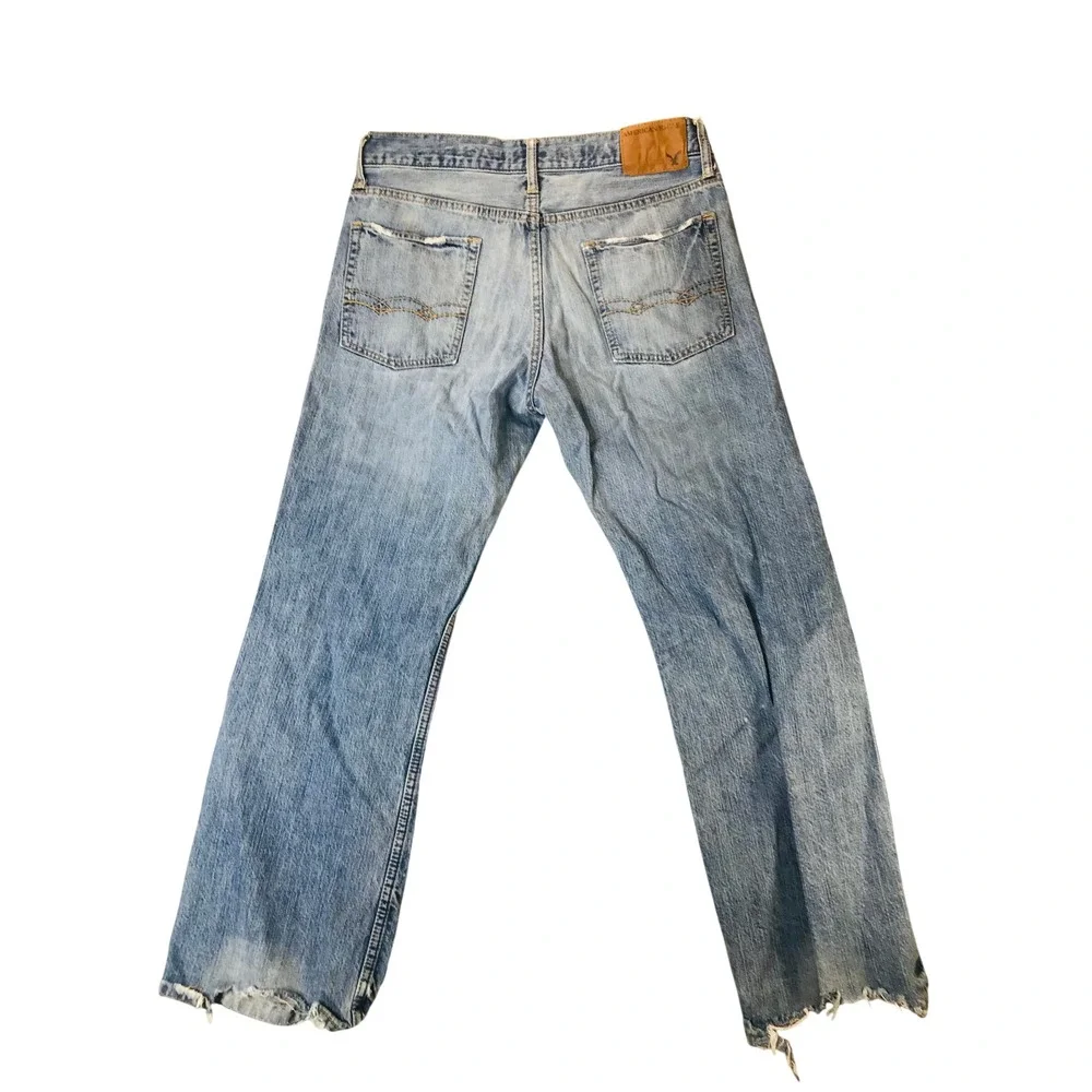 American Eagle Distressed Jeans Mens 30x31 Light Wash Straight Leg Frayed Hem